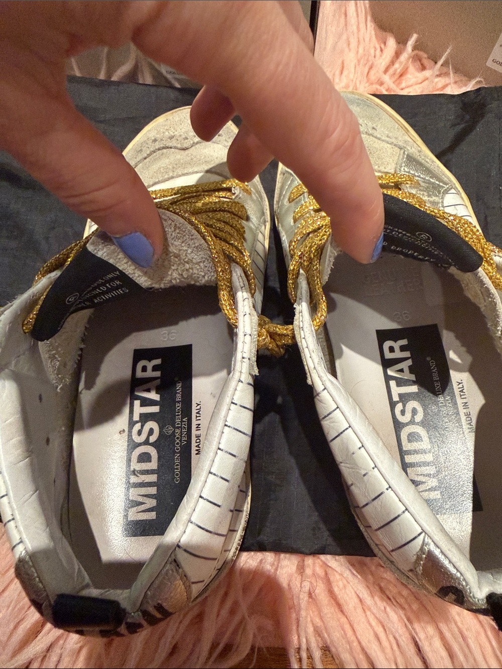 Golden Goose Women's Pinstripe Sneakers with Metallic Gold Laces - Picture 3 of 3